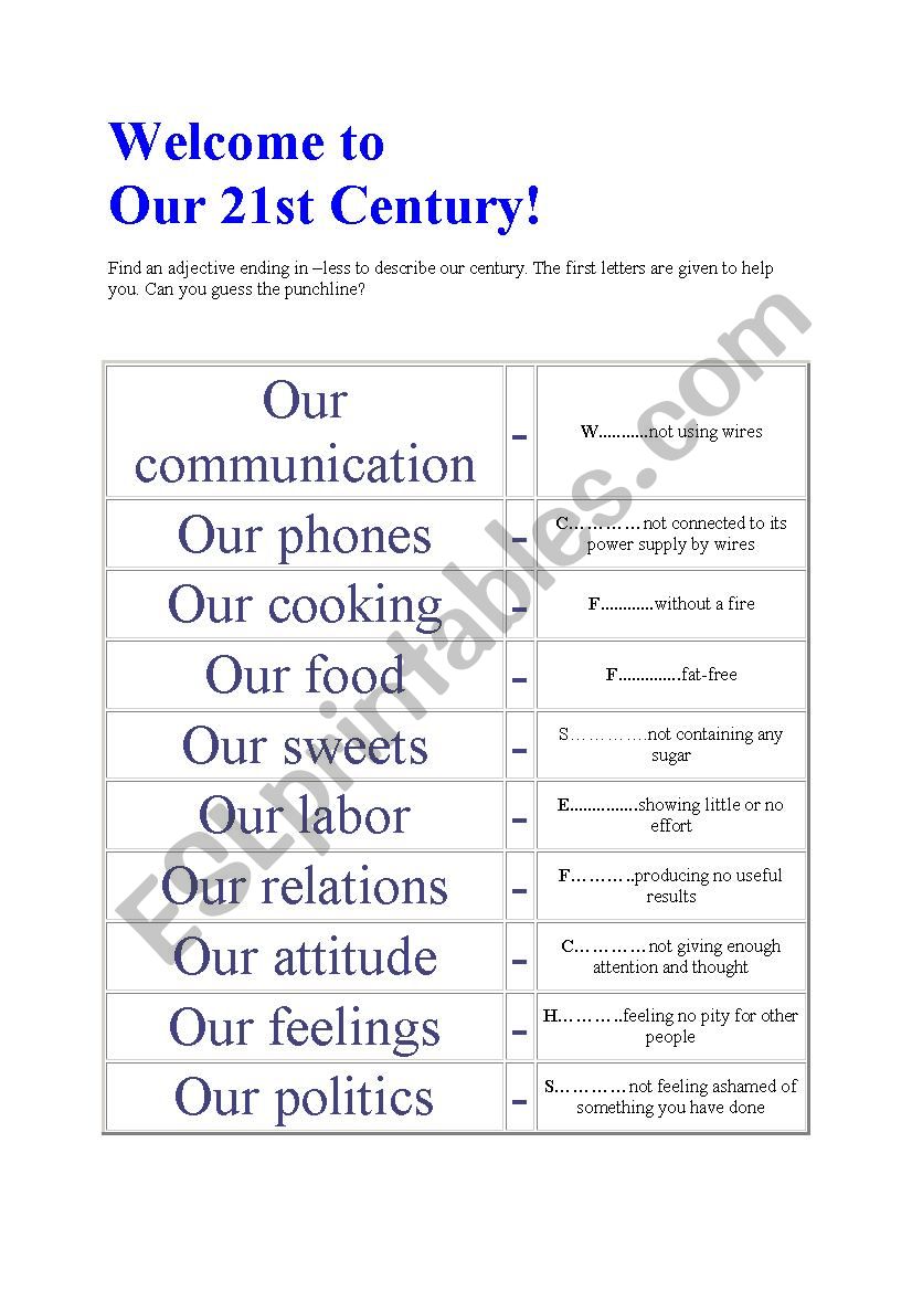 Adjectives ending -LESS worksheet