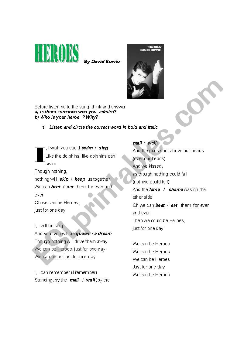 HEROES By David Bowie worksheet