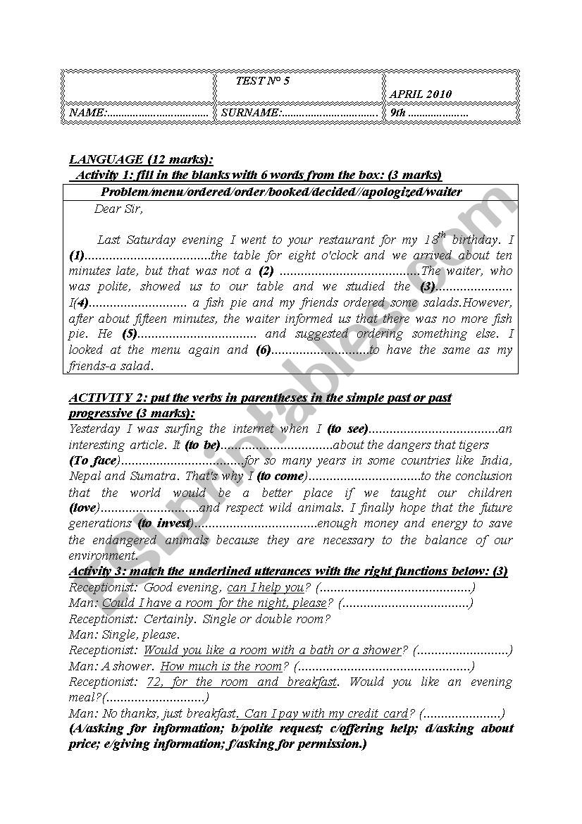 test 9th formers worksheet