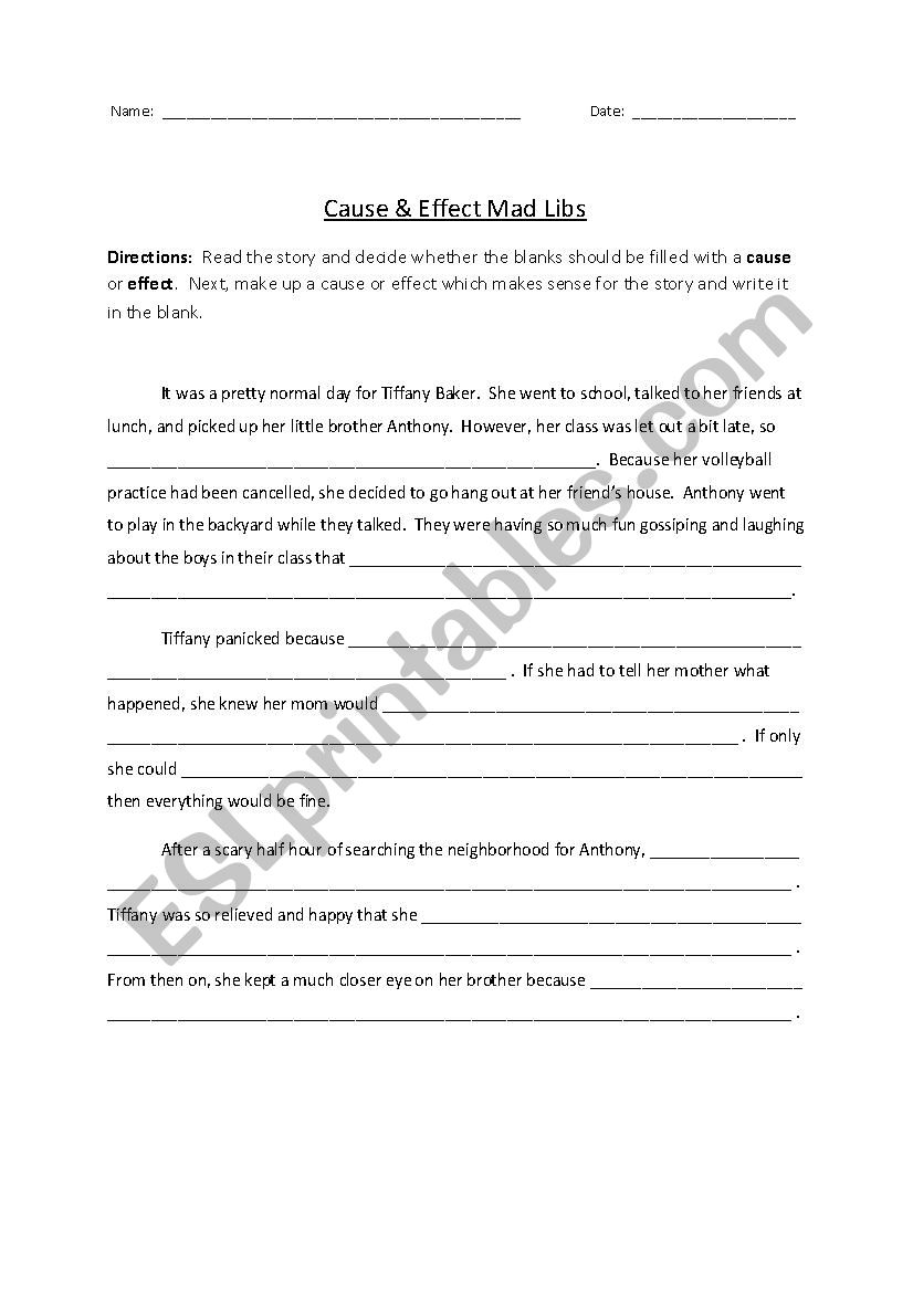 Cause & Effect Mad Libs worksheet