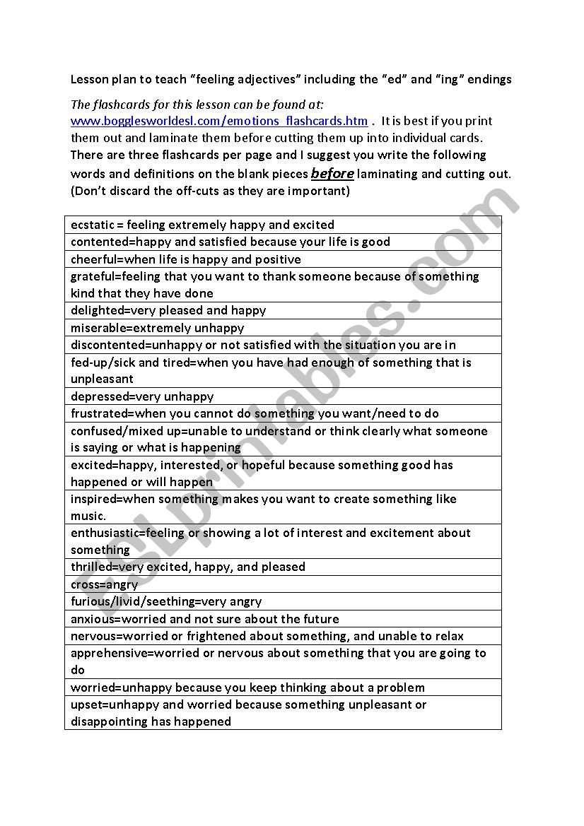 Lesson plan - adjectives describing feelings