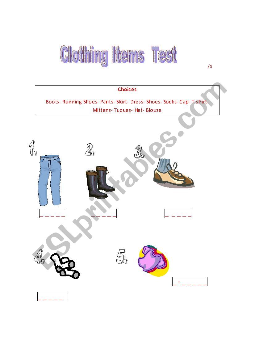 clothing items worksheet