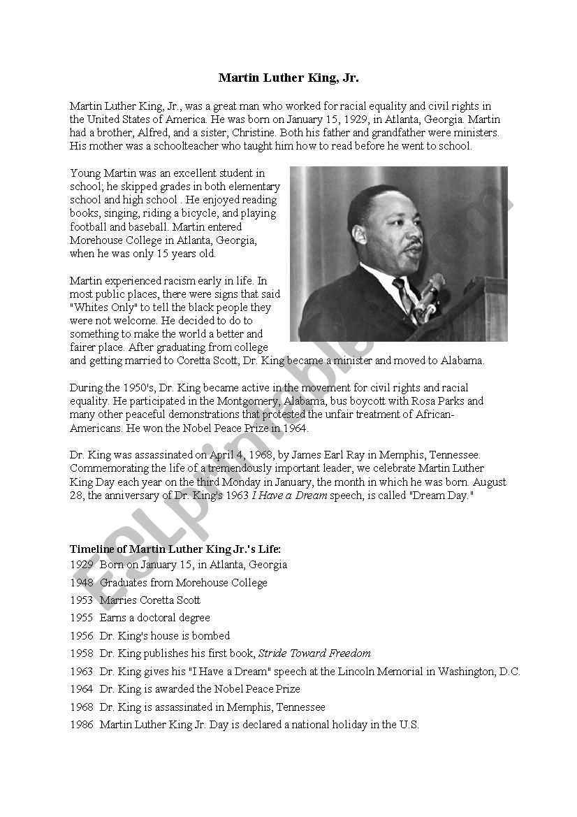 Martin Luther King worksheet