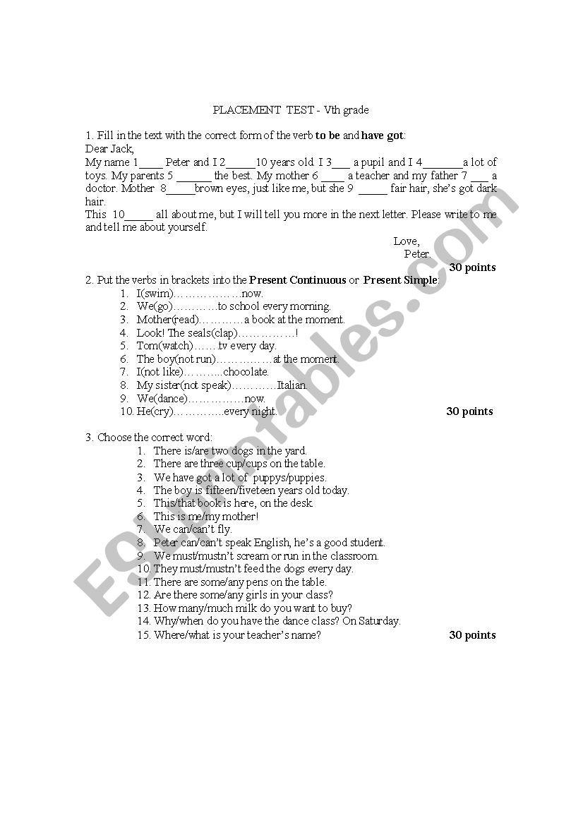 Placement test for the 5th grade