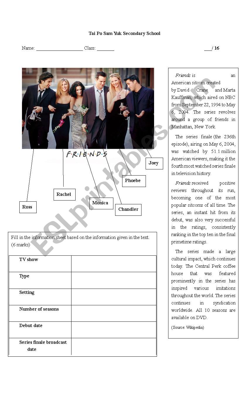 TV Series Friends worksheet