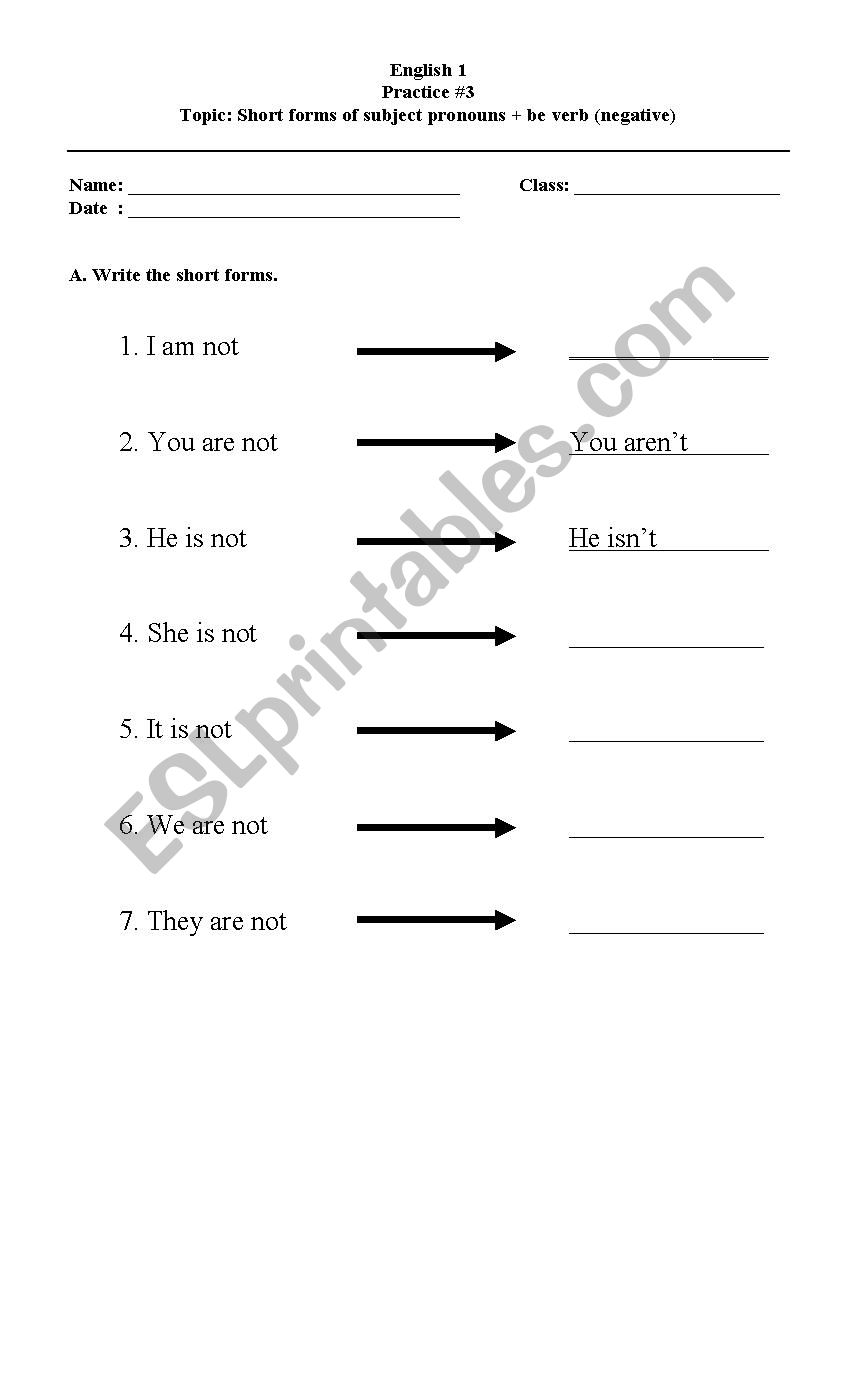 Topic: Short forms of subject pronouns + be verb (negative)  