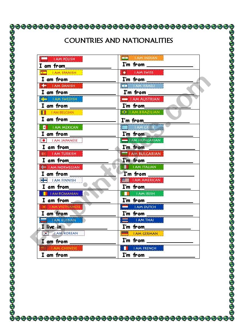 countries and nationalities worksheet