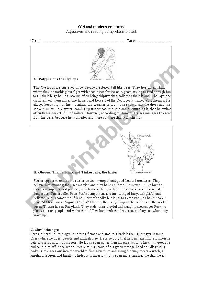 Old and new creatures worksheet