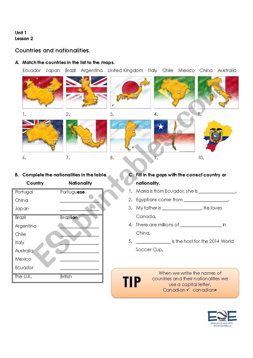 Countries and nationalities worksheet