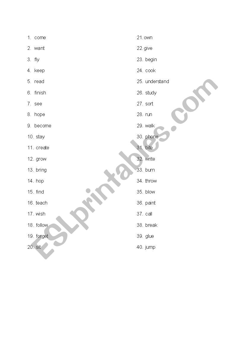 Irregular Verb organizer worksheet