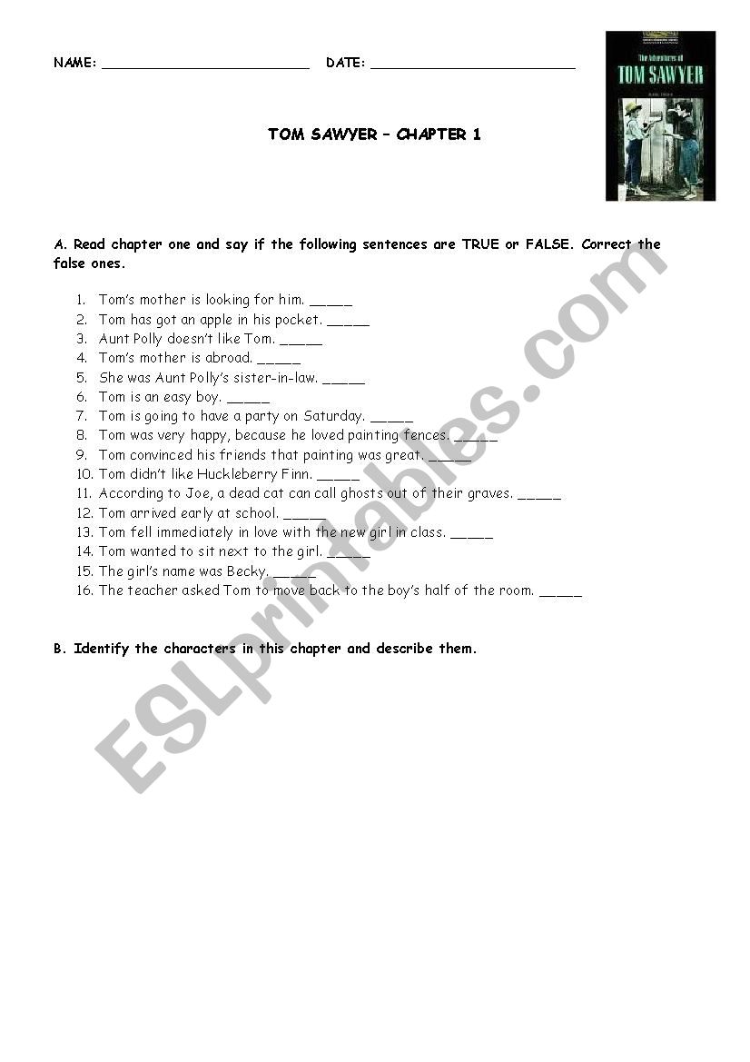 Tom Sawyer: Chapter 1 worksheet