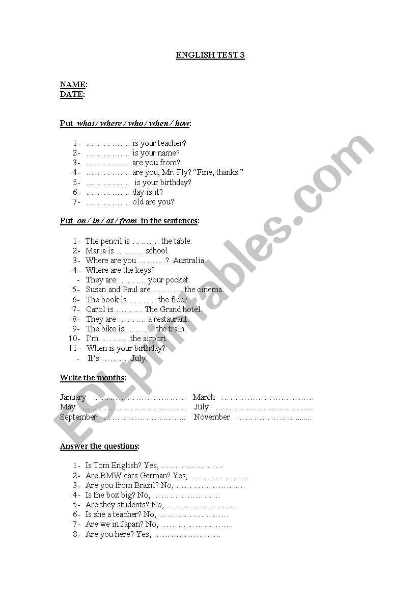 english test worksheet