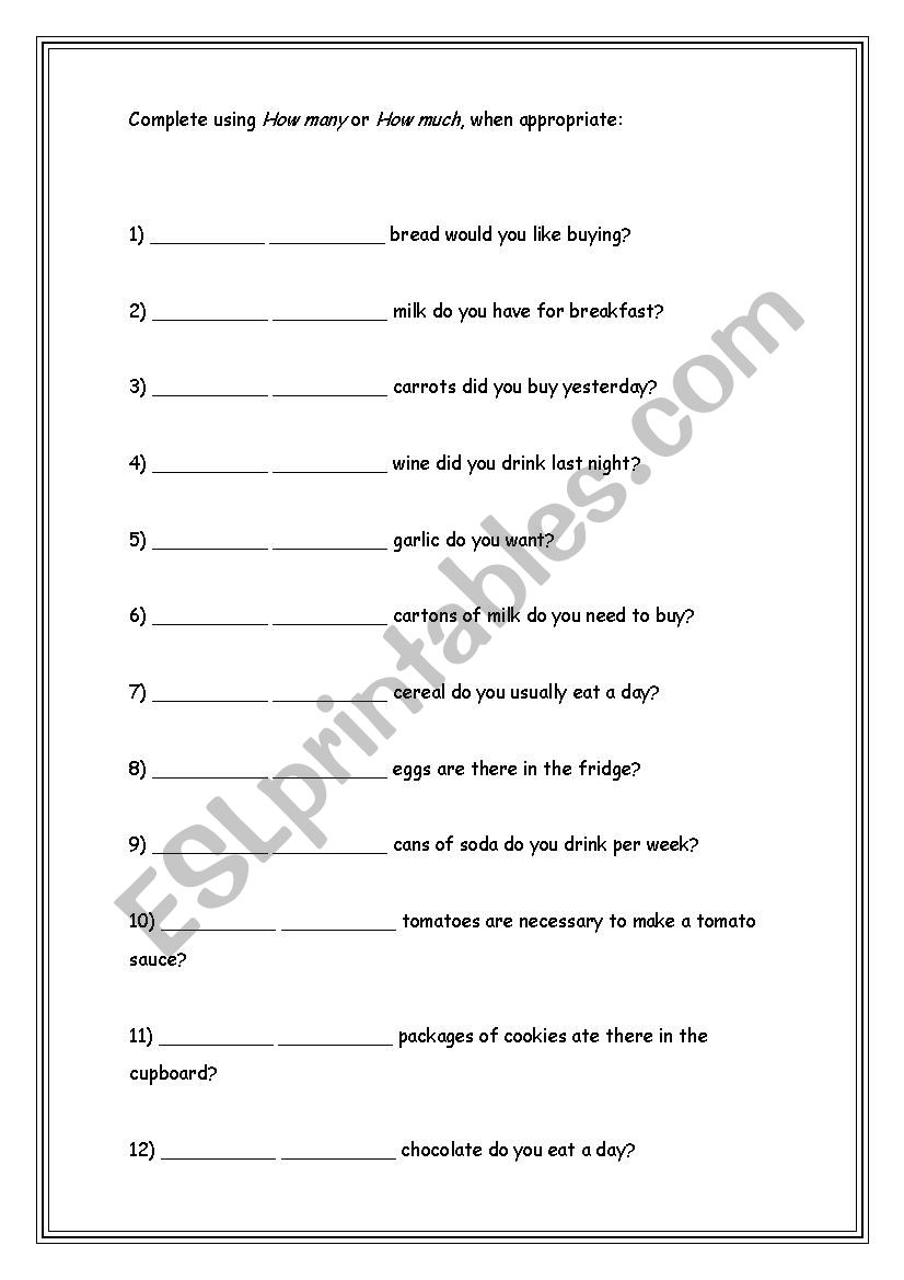 How many or How much? worksheet