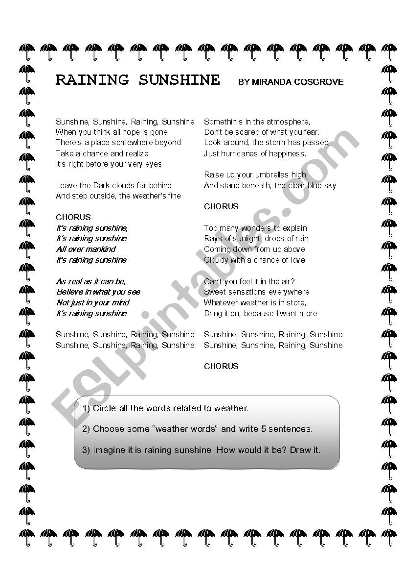 Raining Sunshine worksheet