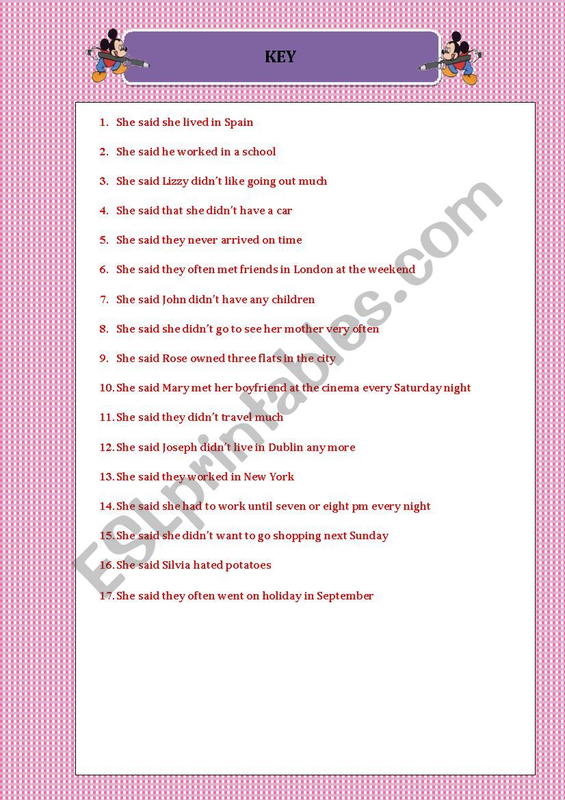 REPORTED SPEECH worksheet