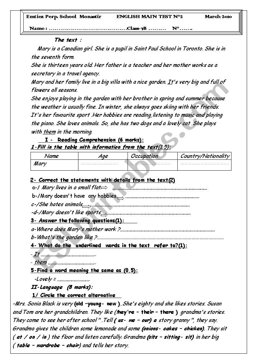 main test 7th form  worksheet