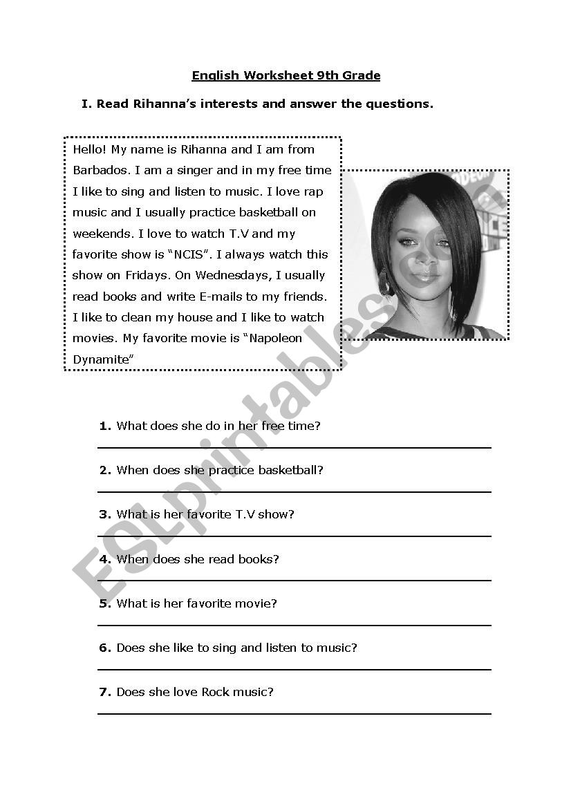 RihannaÂ´s interests worksheet