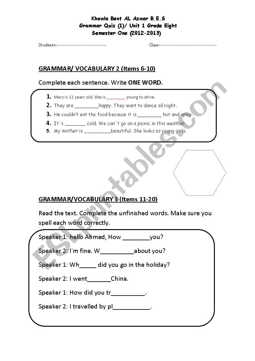 Gramamr Quiz worksheet