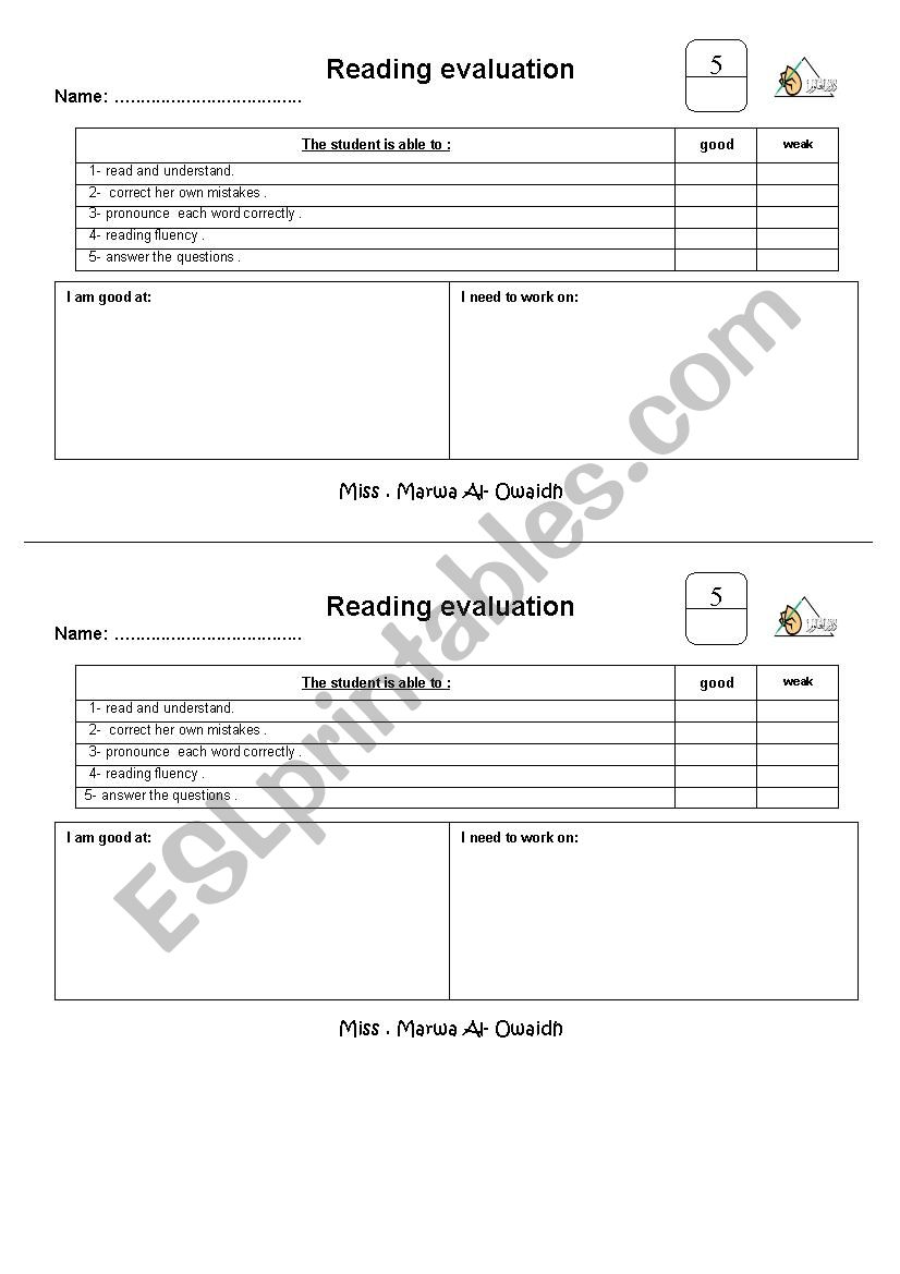 Reading evaluation worksheet
