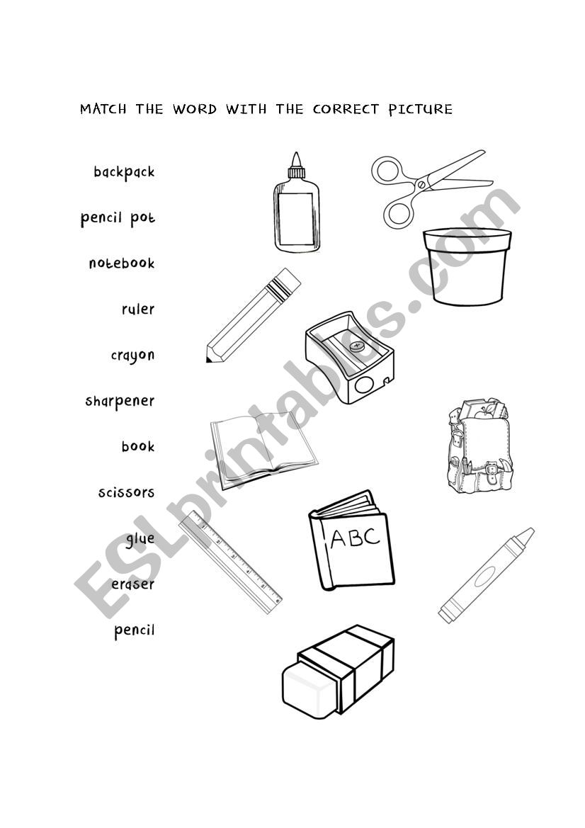 School Objects Picture Match worksheet