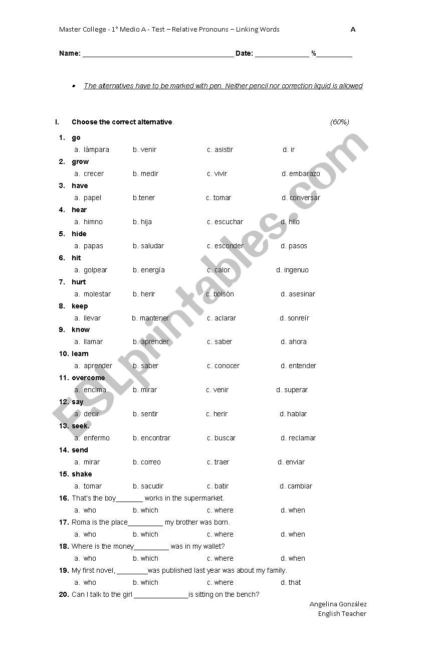 linking word test worksheet