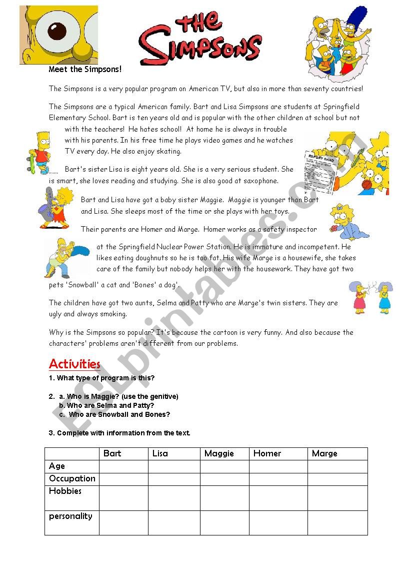 The Simpsons family + keys worksheet