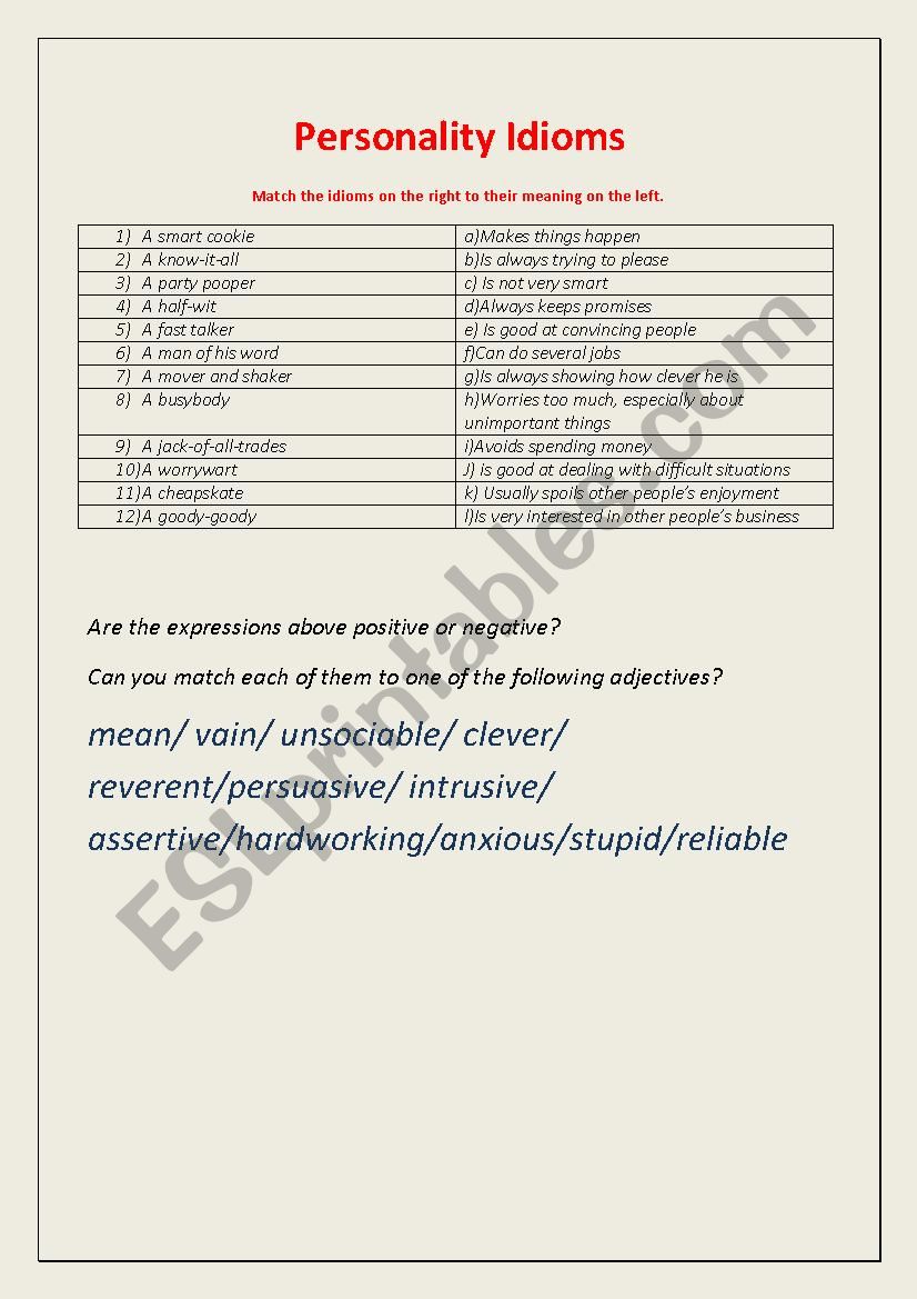 Personality Idioms worksheet