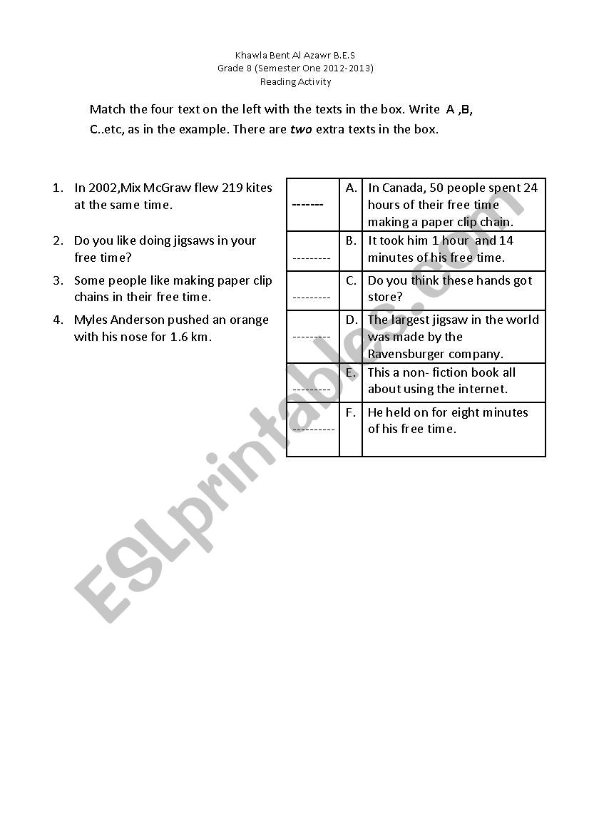 Reading worksheet