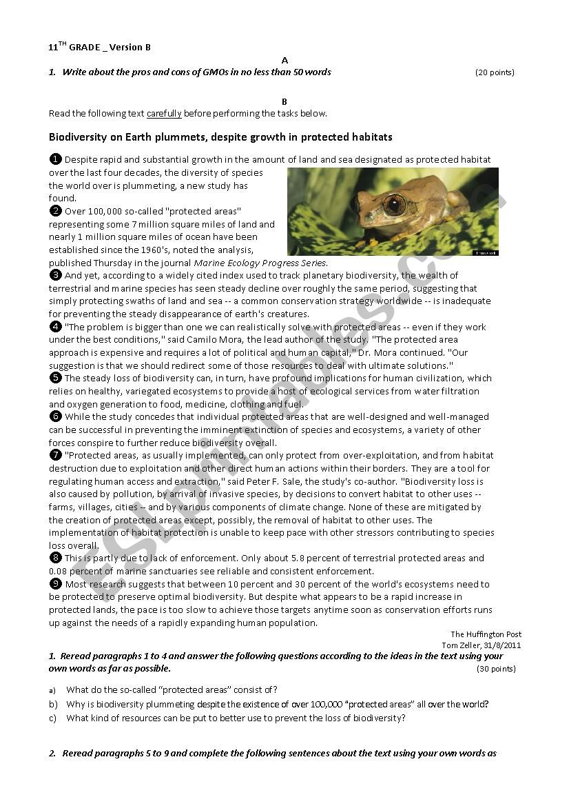 Biodiversity on Earth_B worksheet