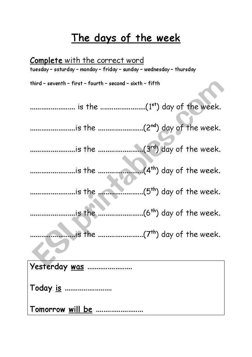 The days of the week worksheet