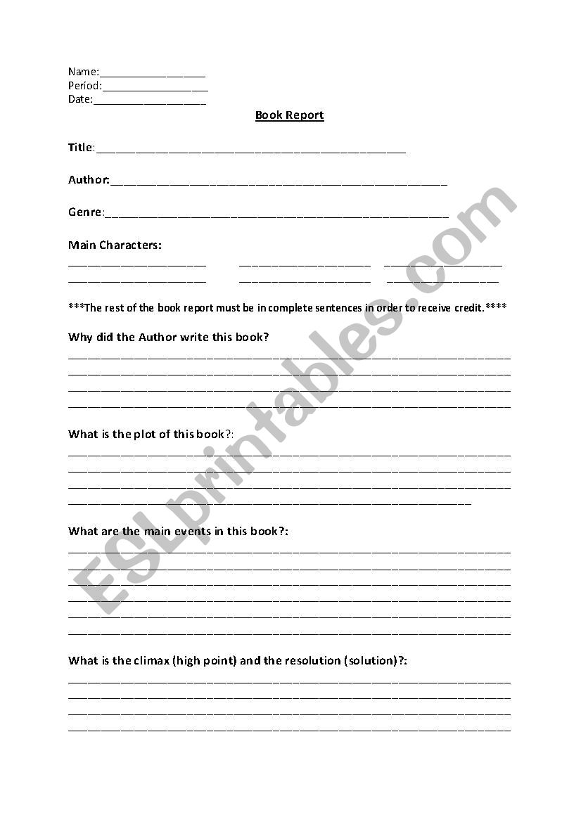 Book Report Form worksheet