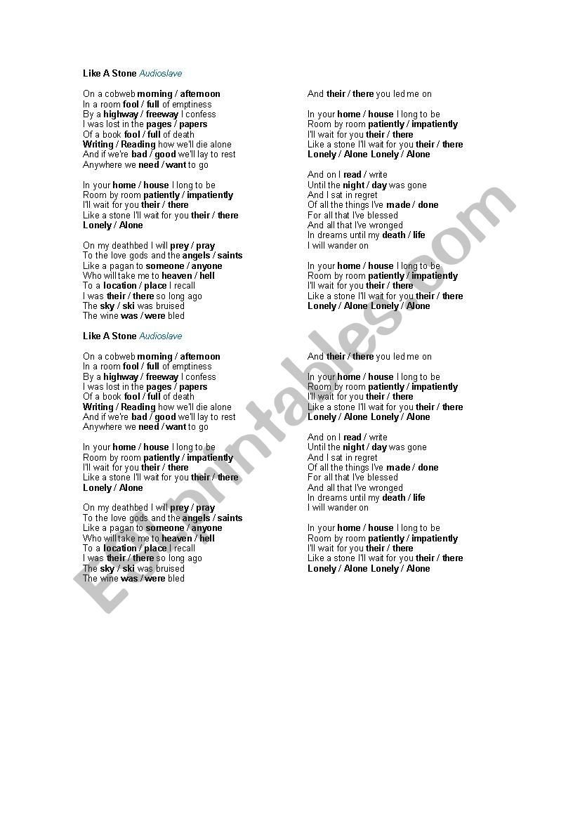 Like a stone by Audioslave worksheet