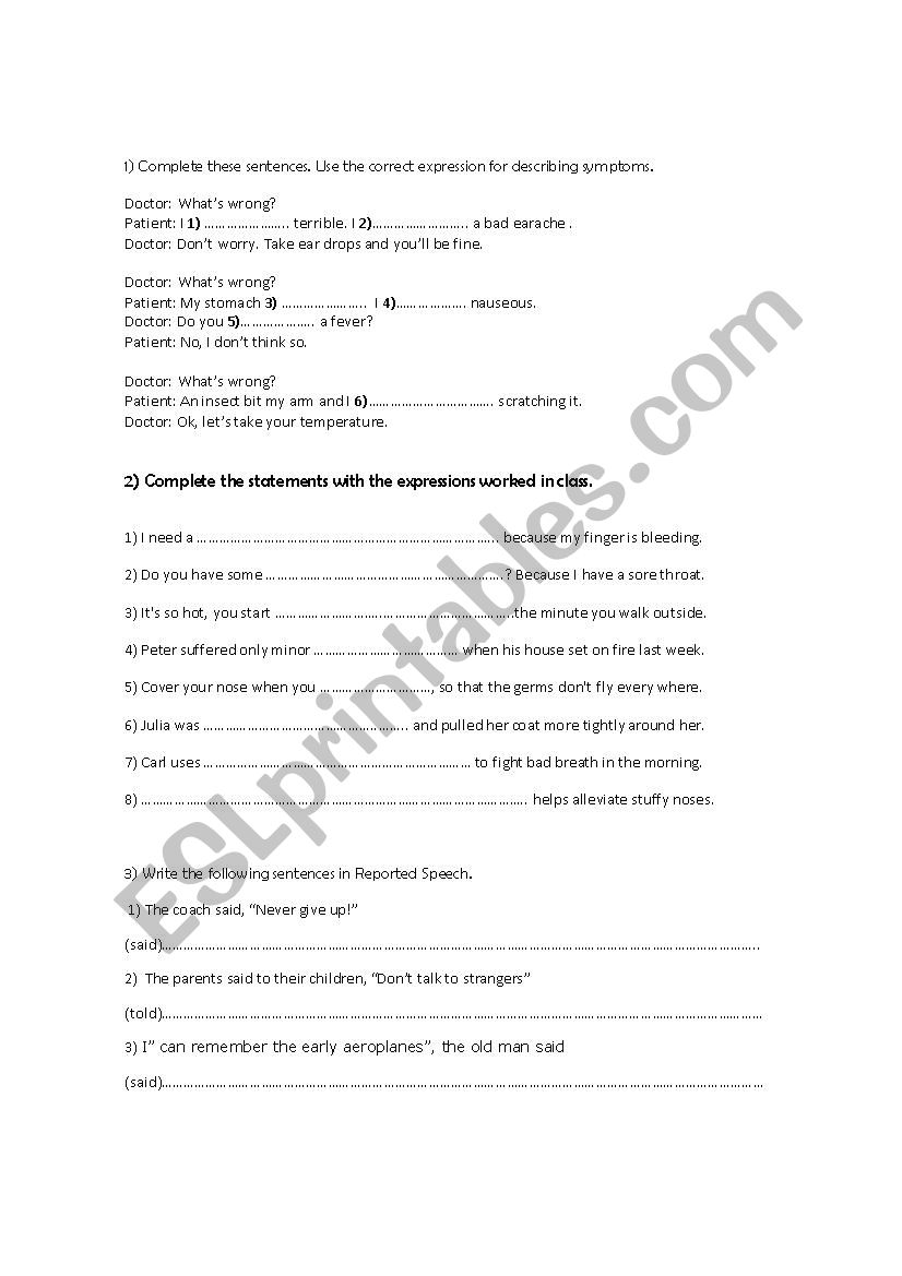 Health and Reported speech worksheet
