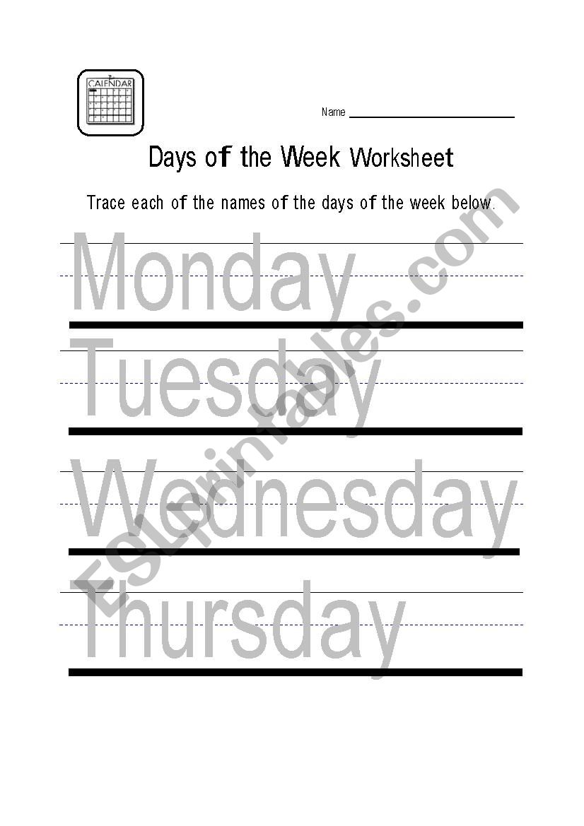 Tracing days of the week worksheet
