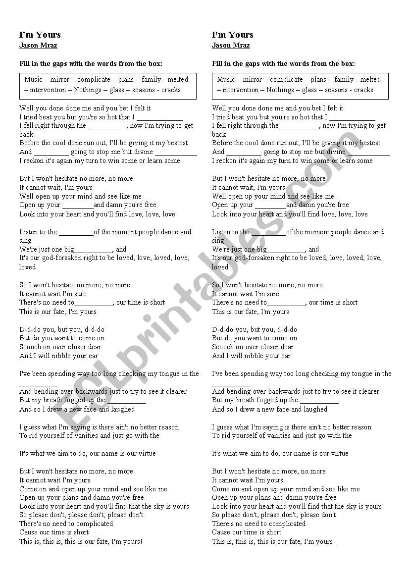 IÂ´m yours - Jason Mraz worksheet