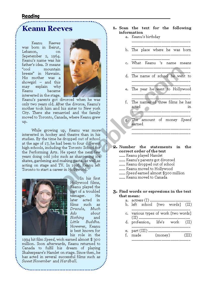 reading - Keanu Reeves worksheet