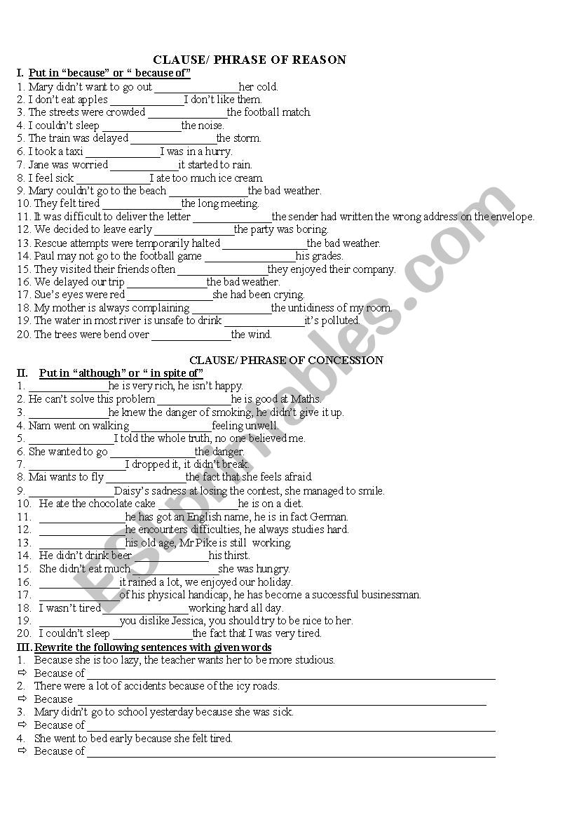 CLAUSE-PHRASE OF REASON worksheet