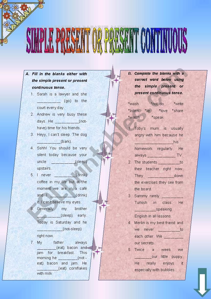 simple present or continuous worksheet