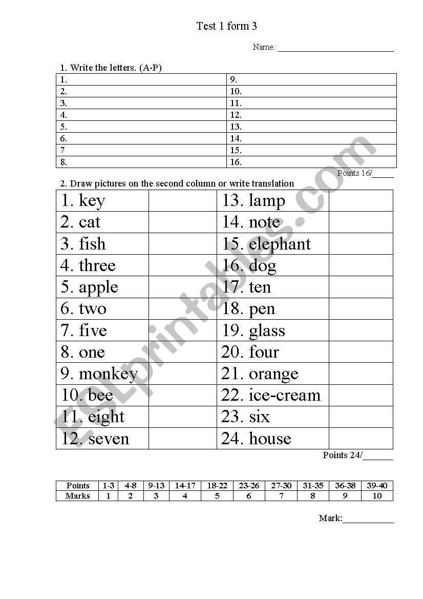 ABC and numbers test worksheet