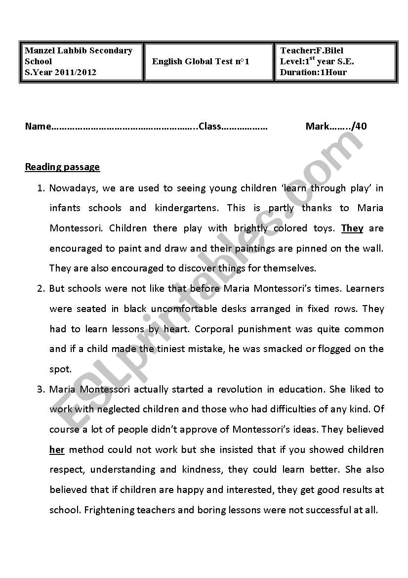 End of term test n°1 (1St year students)