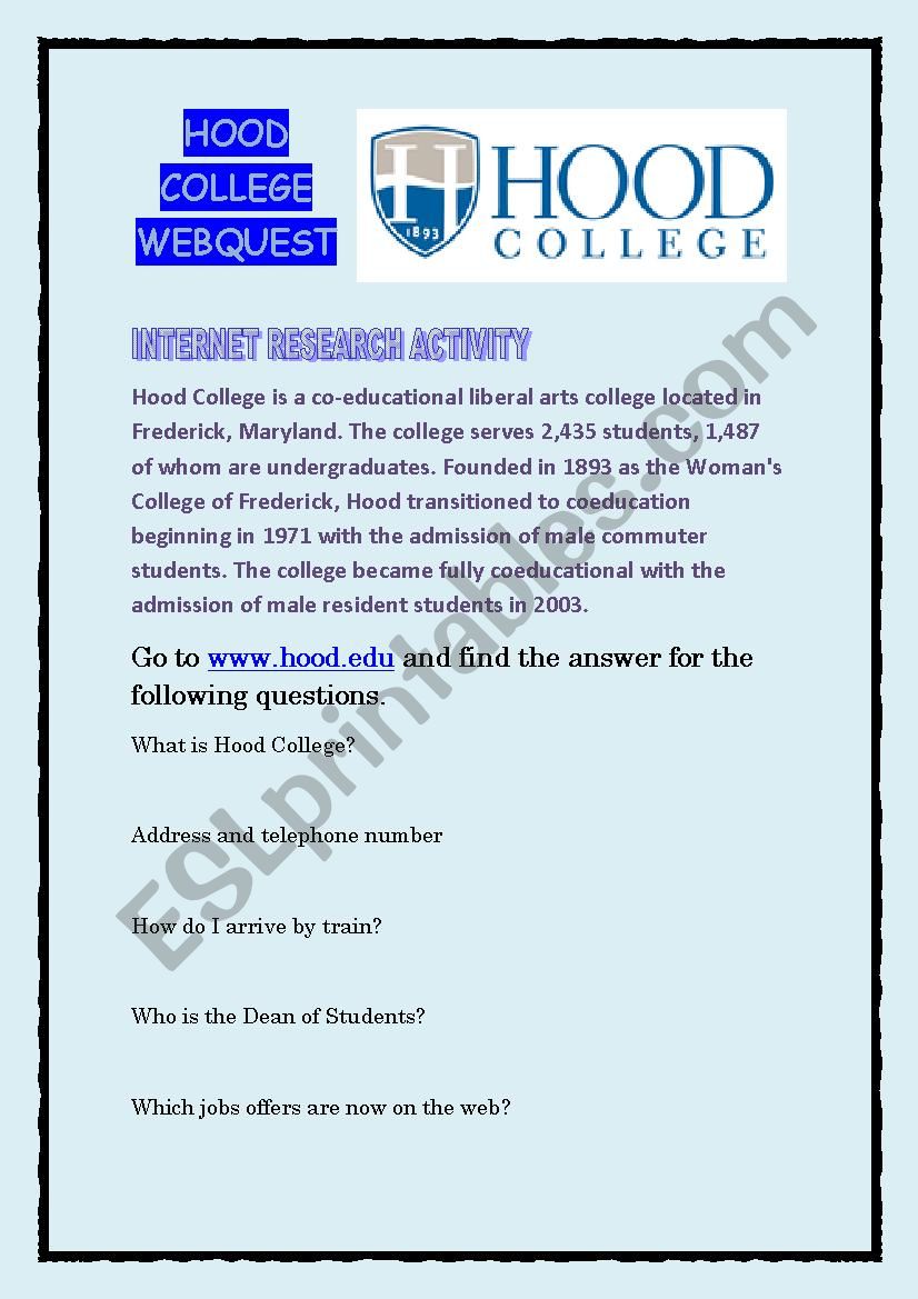 Internet research activity: Hood College