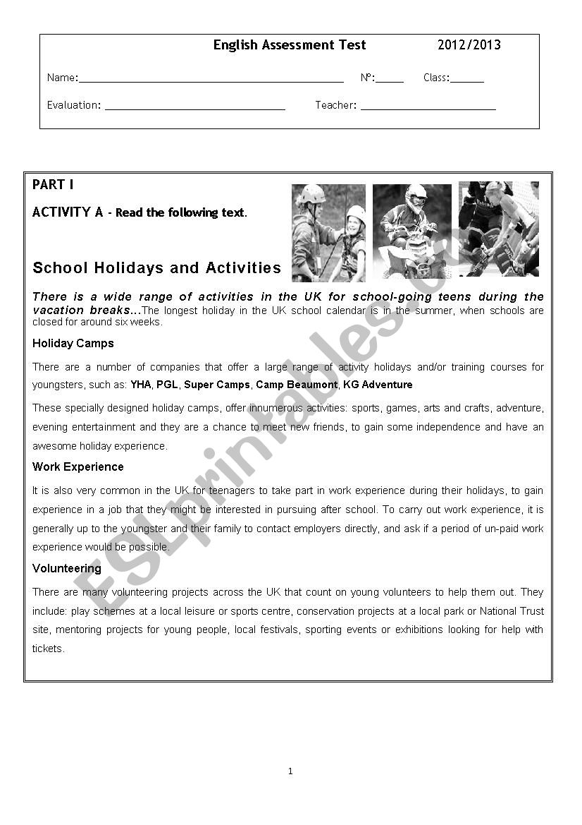 Summer Holidays worksheet