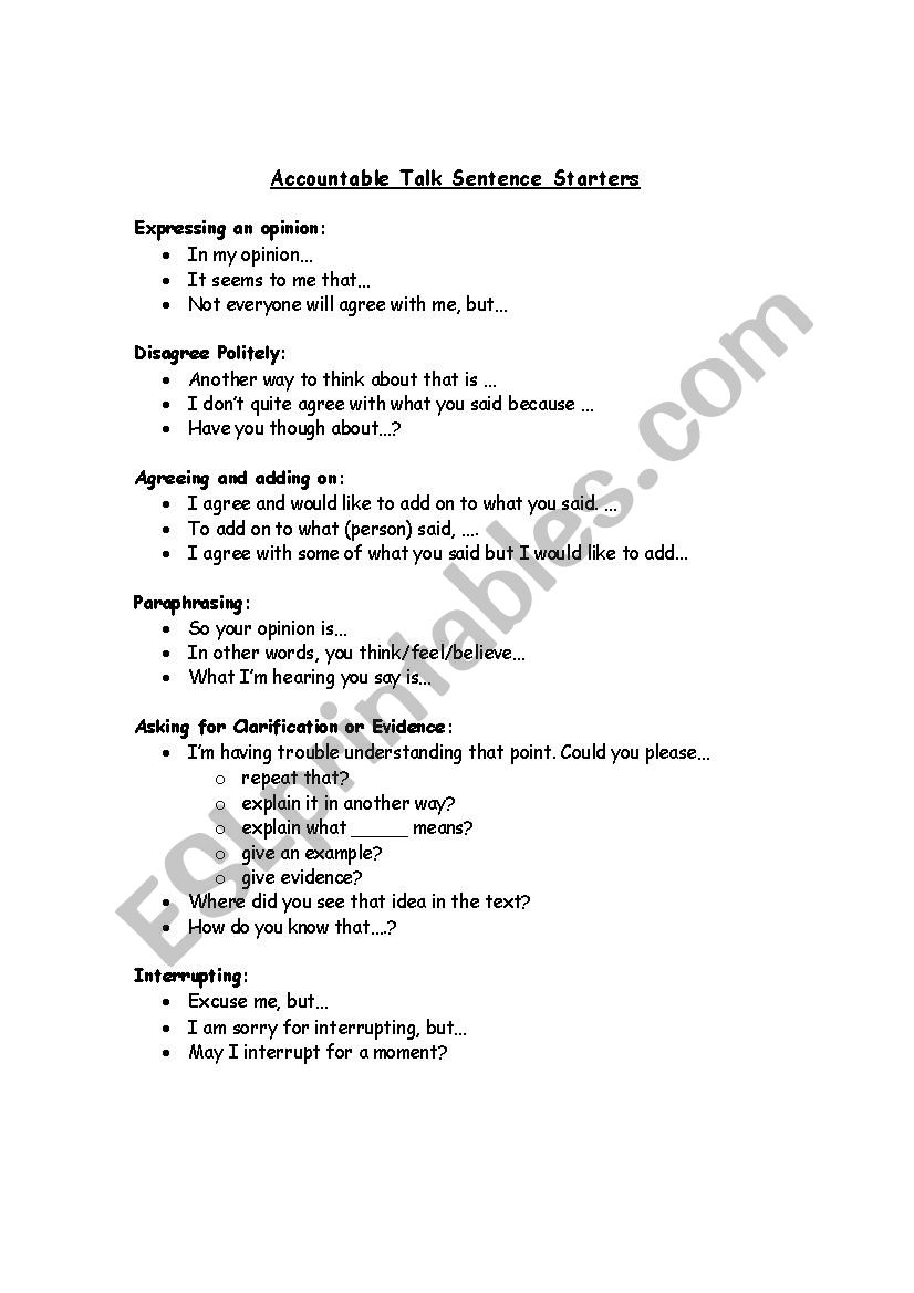 Accountable Talk Sentence Stems