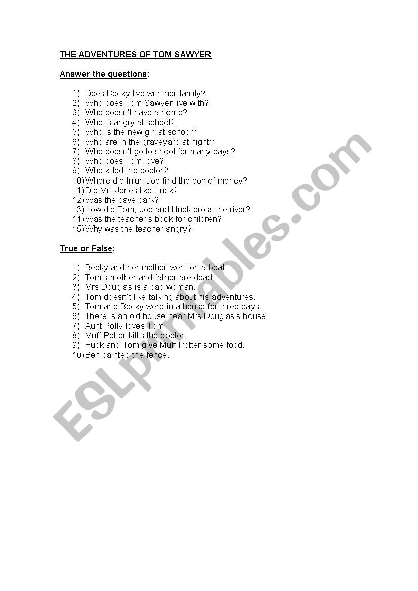 The Adventures of Tom Sawyer worksheet