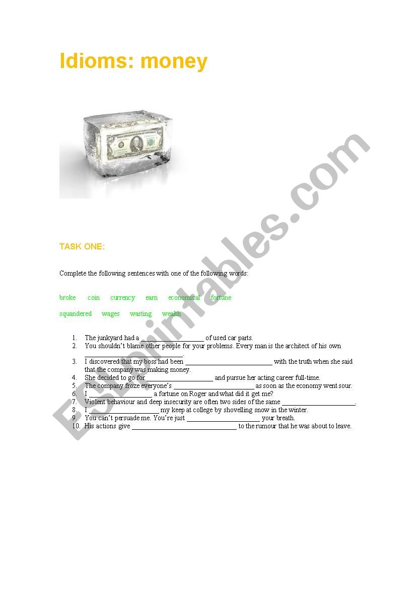 Idioms: money worksheet