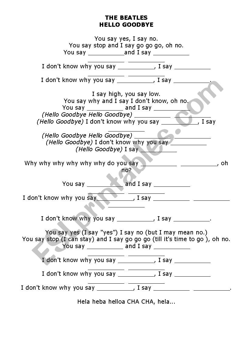 hello goodbye song worksheet