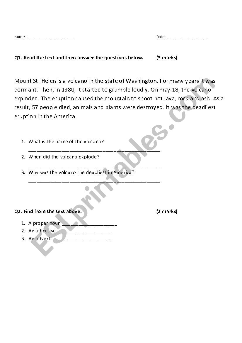 volcano test or worksheet worksheet