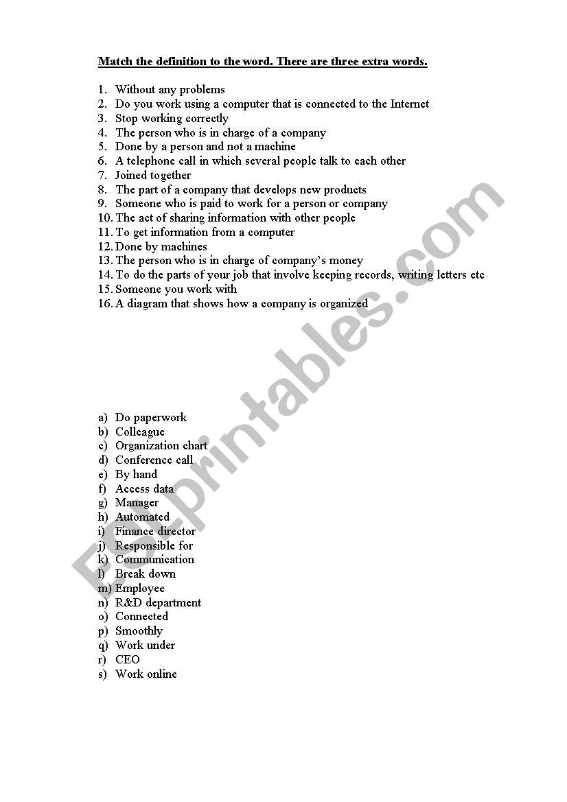 Vocabulary matching exercise worksheet