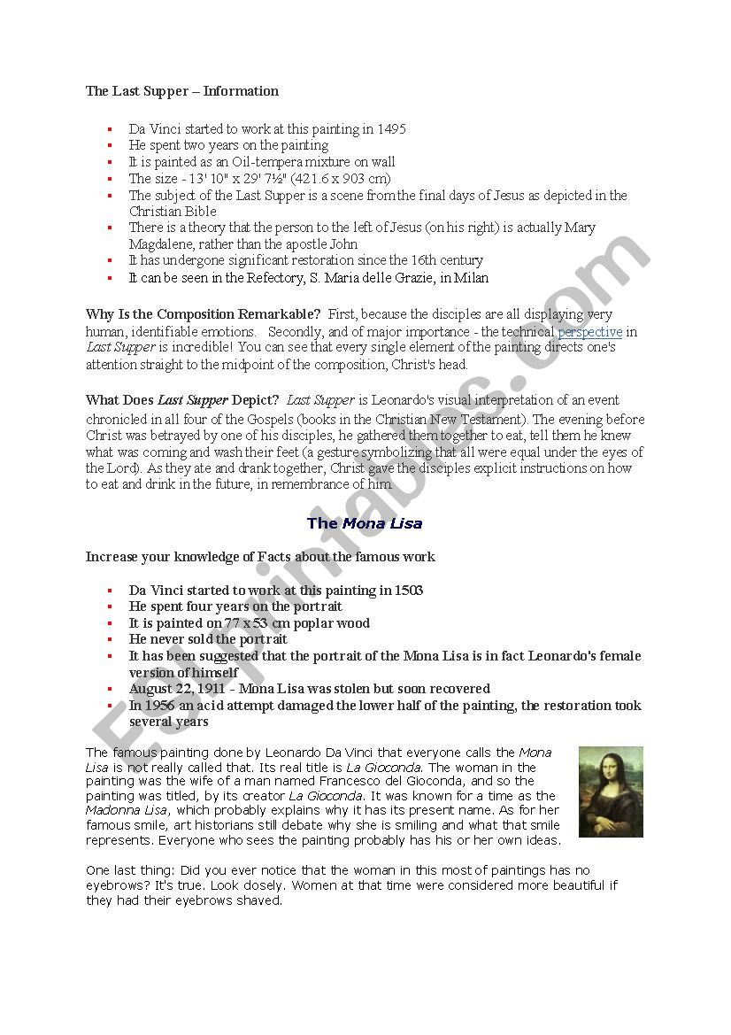 Leonardo da Vinci Fact Sheet worksheet