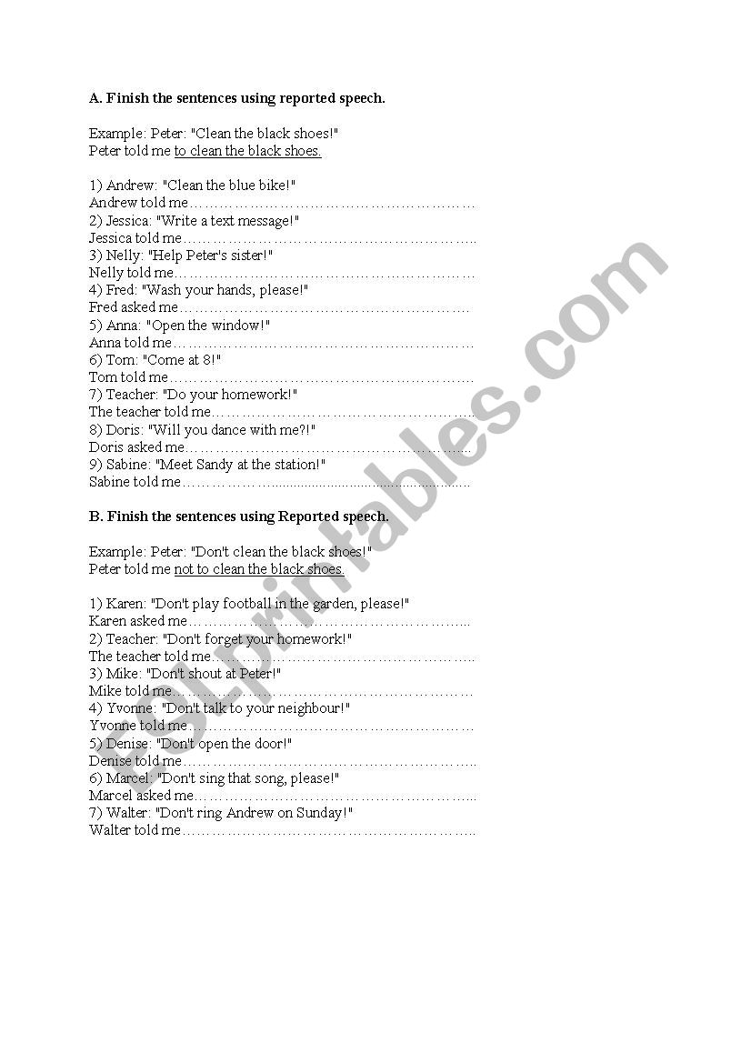 Reported Speech Exercises worksheet